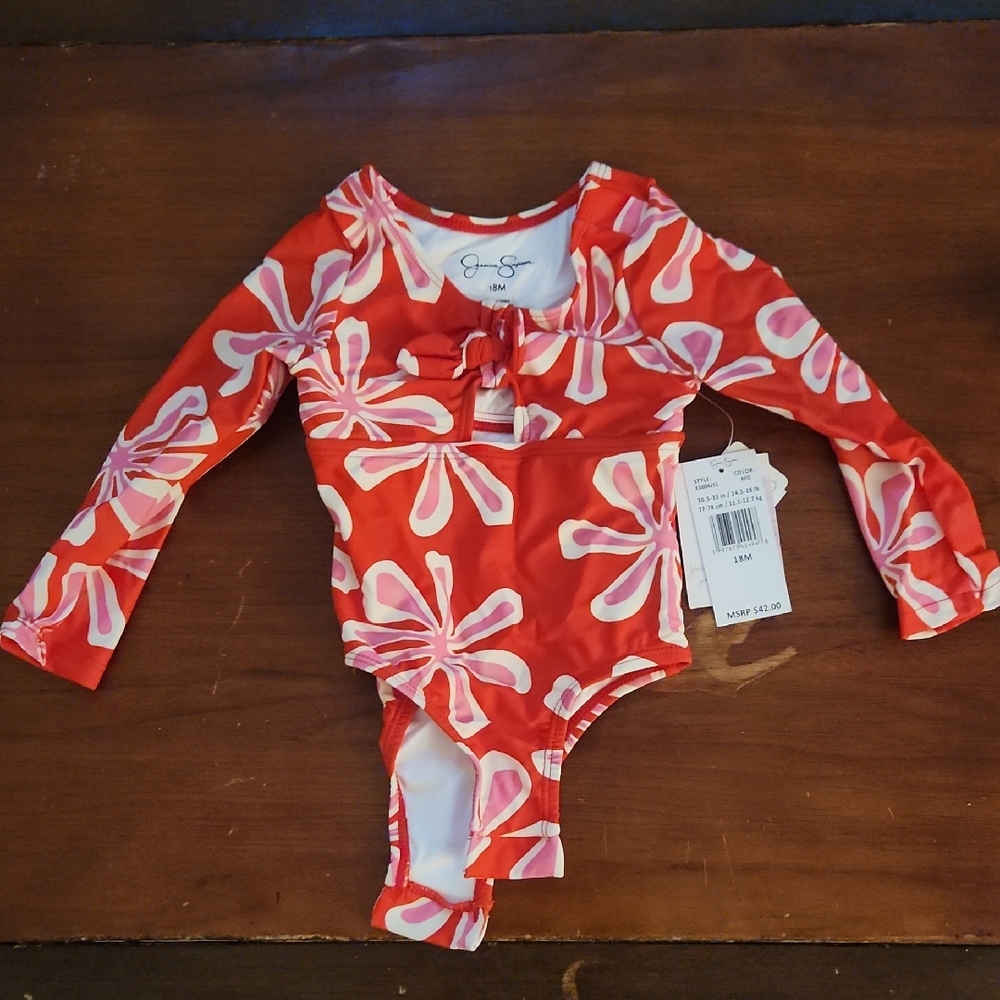 Jessica Simpson Red and Pink One Piece Swimsuit